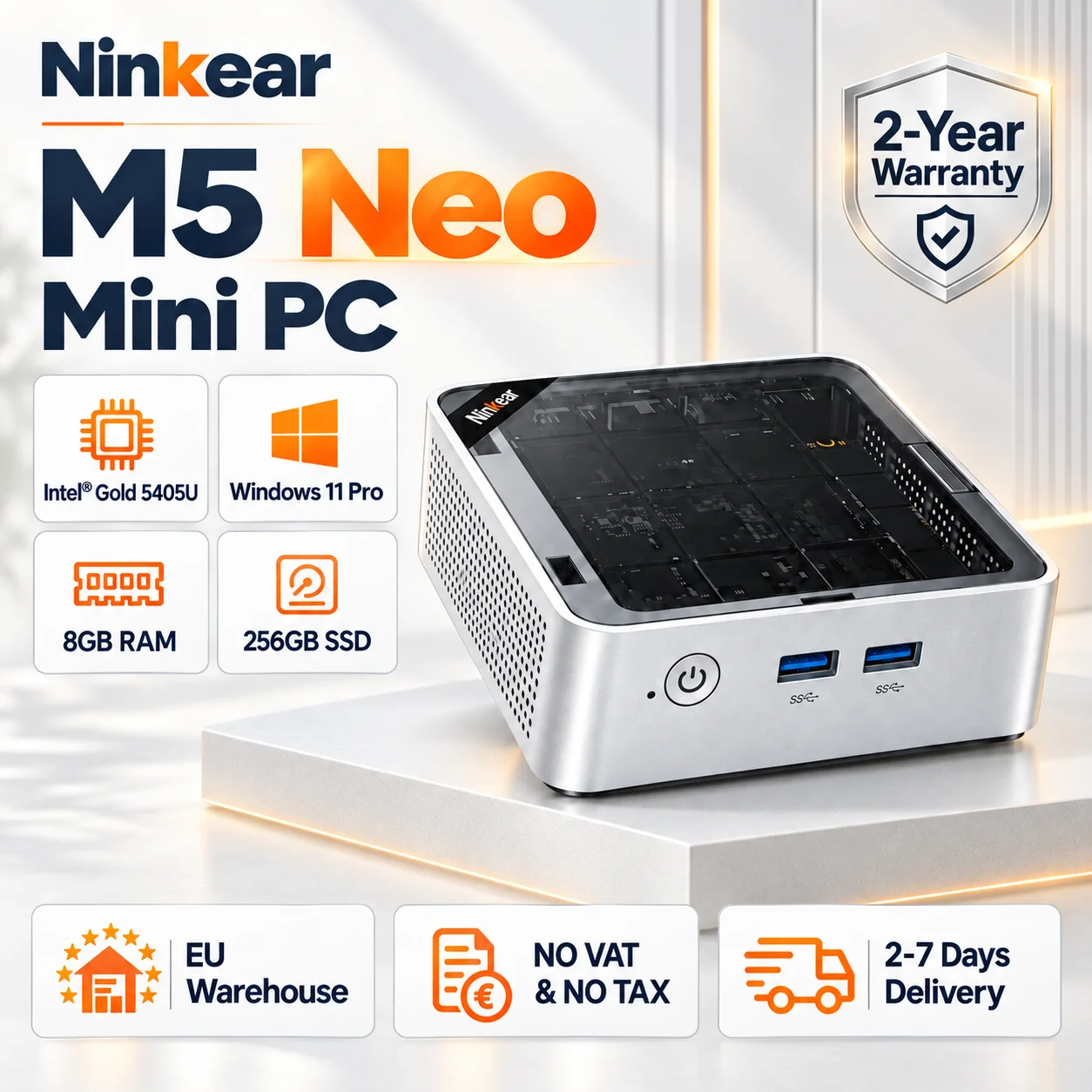 Ninkear M5 Neo Mini PC, processore Intel Pentium Gold 5405U, 8 GB di RAM, SSD da 256 GB, Windows 11, doppia porta HDMI, Wi-Fi 5, Bluetooth 5.0, design compatto e leggero.