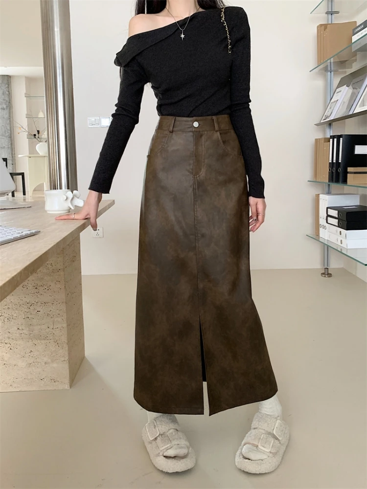 High Waist PU Leather Midi Skirt Women's Spring Autumn plus Size Slimming Elegant Design Korean Style A-Line Long Skirt