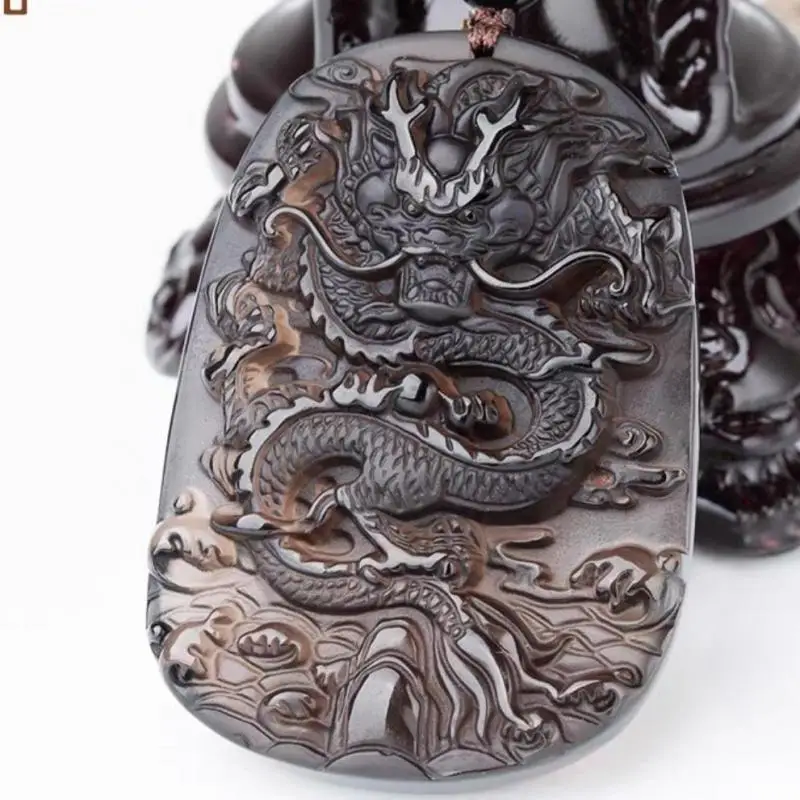 

Natural Ice Obsidian Dragon Brand Pendant Necklace Men Women Sweater Chain Healing Jewelry Black Jades Charms Lucky Amulet Gifts