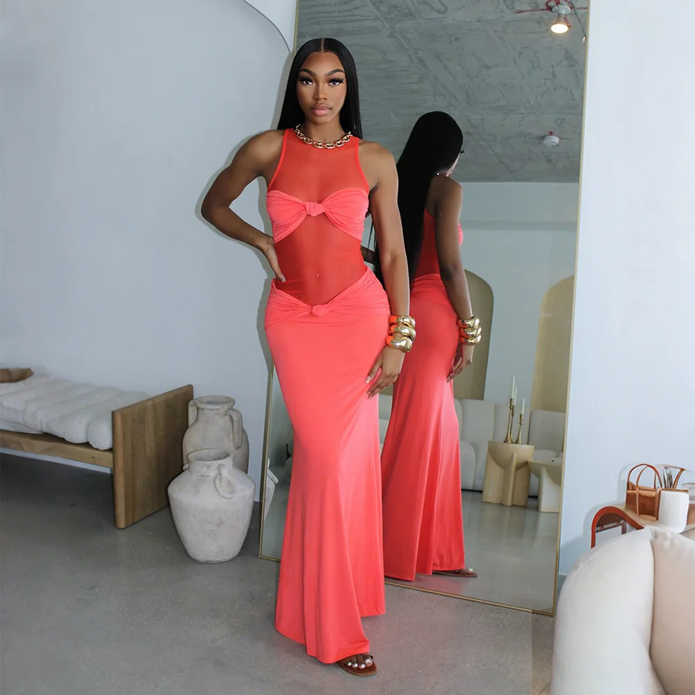 Neue Mode 2025, amerikanische europäische Damen-Kleider, einfarbig, Netzstoff, gespleißt, lässig, trendig, sexy, knöchellang, ärmellos, dünn