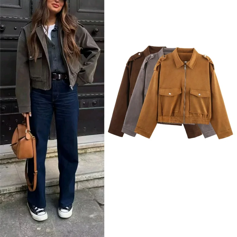 

Fall New Women's Loose Zipper Trimmed Collar Long Sleeve Suede Short Jacket Outerwear Casual Style Polyester Fiber 100%