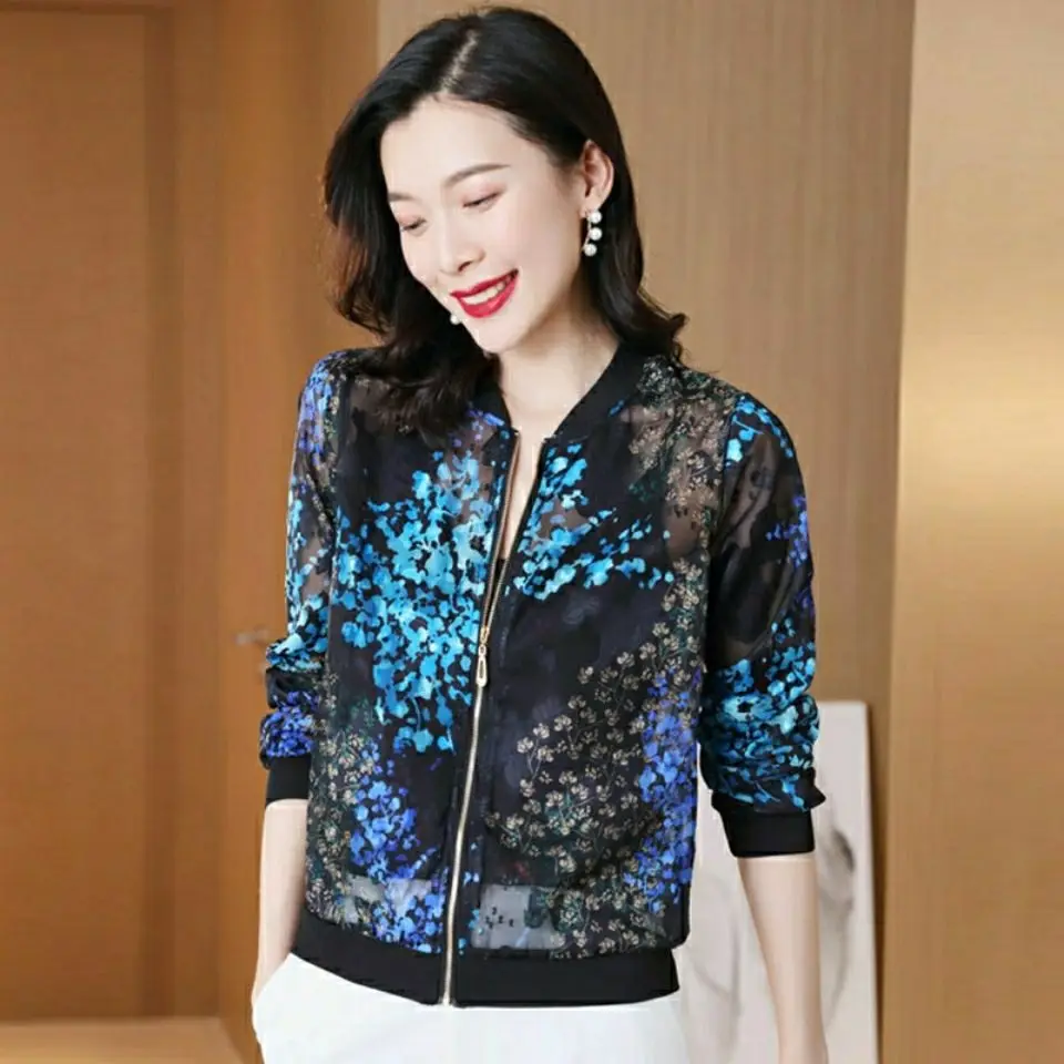 

Women Summer Oversized Chiffon Print Long Sleeve Jacket Thin Coat Sun Protection Baseball Uniform Westernization Cardigan Z972