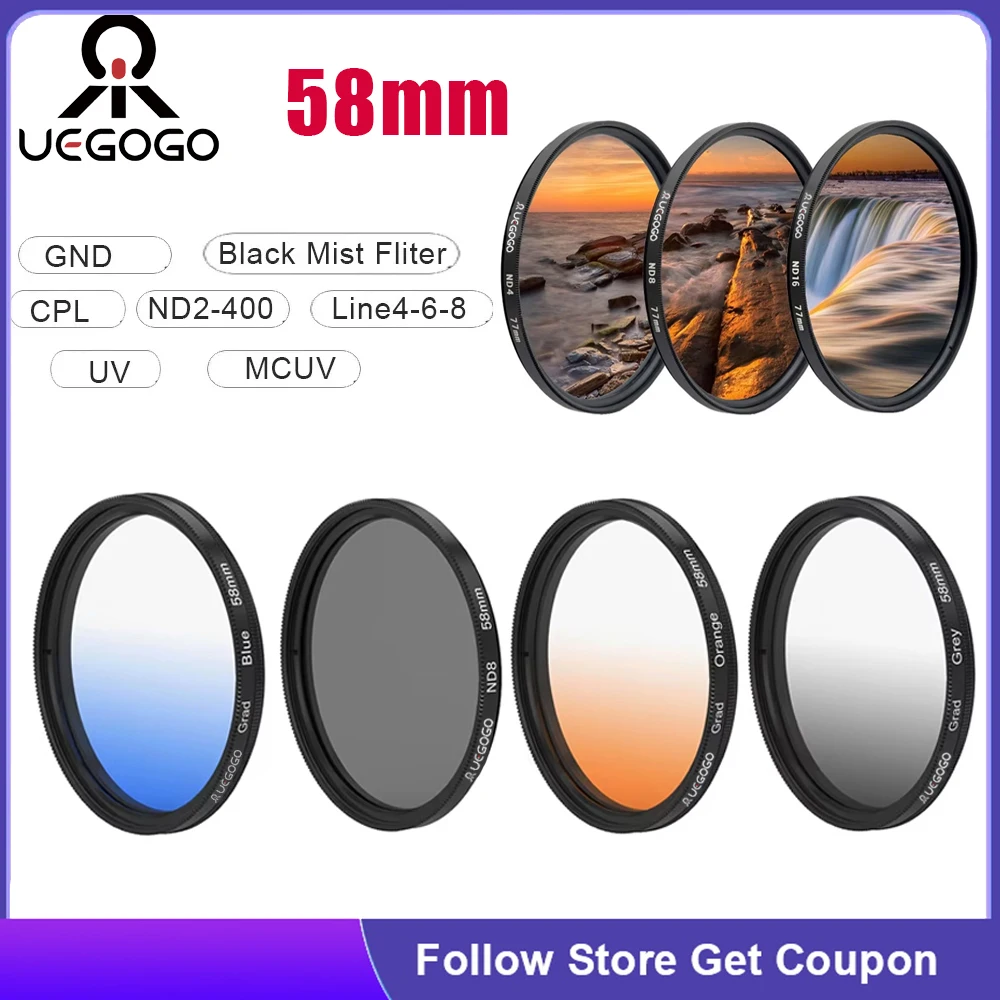 

UEGOGO 58mm Filter Gradient GND Red GrEy CPL/UV/MCUV ND2-400/Soft Focus Black Mist Diffusion Star Line 4 6 8 Camera Lens Filter