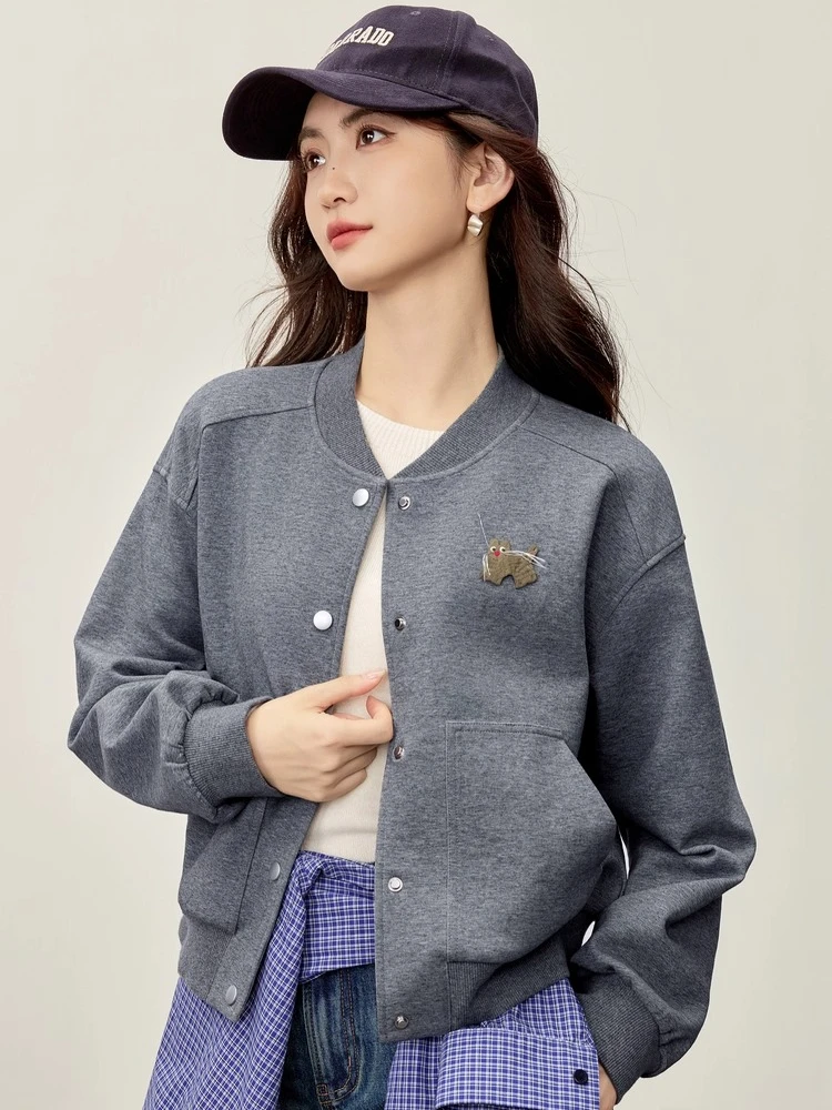 SENTUBILA Women's Jackets 2025 Autumn Casual Knit Cardigan Baseball Jacket Ribbed Collar Loose Long Sleeve Short Coat 153WE2051