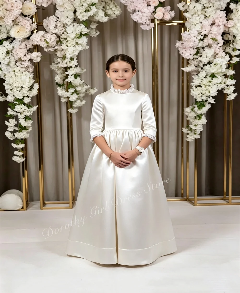 White Satin Lace-trimmed Cuffs A-line Girl Dress Floor-length Elegant Children's First Communion Party Evening Dress Customizabl