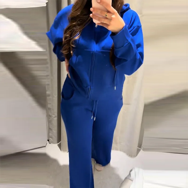 Damen-Hosen-Sets mit Kapuze, Langarm-Reißverschluss, Oversize-Mäntel, Kordelzug-Taille, Schlaghosen, Frühling-Herbst, schicke neue Outfits für Damen – Detail 6