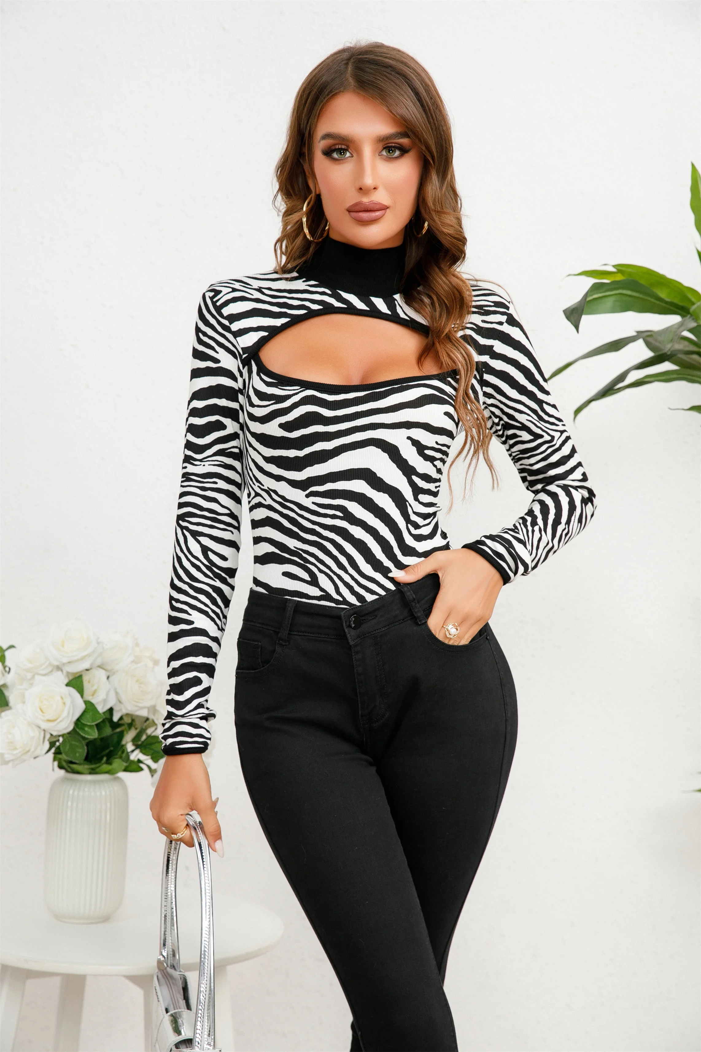 Cutout Zebra Pattern Mock Neck T-Shirt, Casual Long Sleeve Top For Spring & Fall, Women\'s Clothing