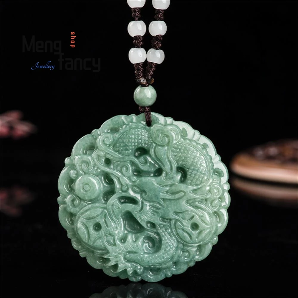 

Natural Jadeite Chinese Zodiac Dragon Pendant Charms Fashion Engraver Fine Jewelry Amulet Mascots Men Women Luxury Holiday Gifts