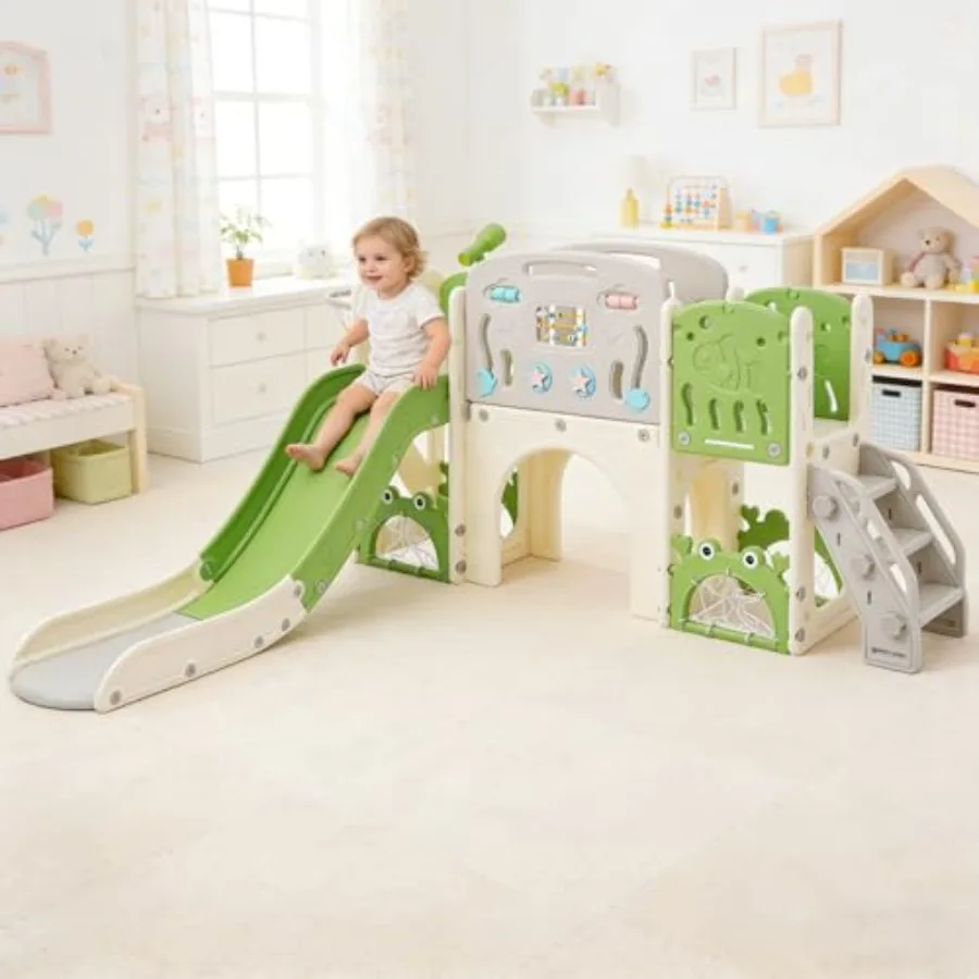 

11-in-1 Multi-Activity Toddler Playset with Slide Basketball Hoop Telescope - Indoor/Outdoor Playground for Ages 1-3 Green+Beig