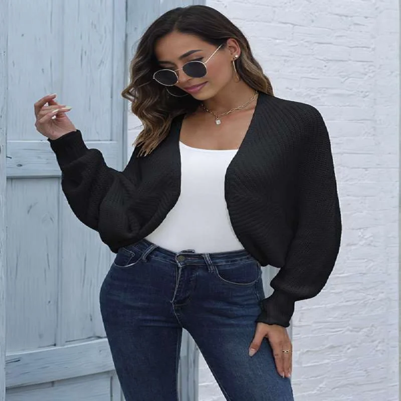 Truien voor dames, cropped vest met open voorkant, gebreide vleermuistruien met lange mouwen, schouderophalen