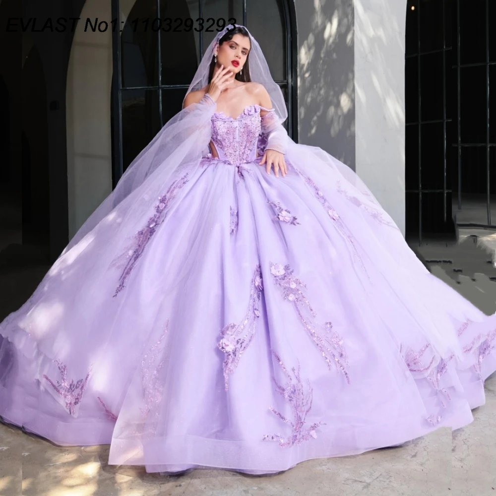 

EVLAST Customized Glitter Lavender Ball Gown Quinceanera Dress Lace Applique Beading Cape Sweet 16 Vestidos De 15 Anos E1QN317