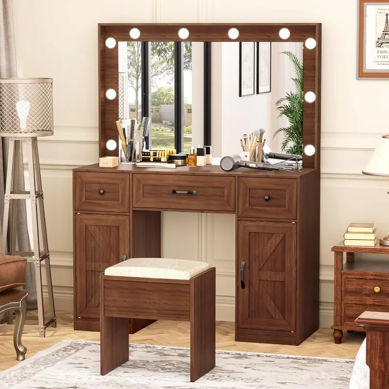 

57" Makeup Vanity Desk with Large Mirror and 10 LED Lights,Farmhouse Vanity Table with Power Outlet & 5 Drawers,