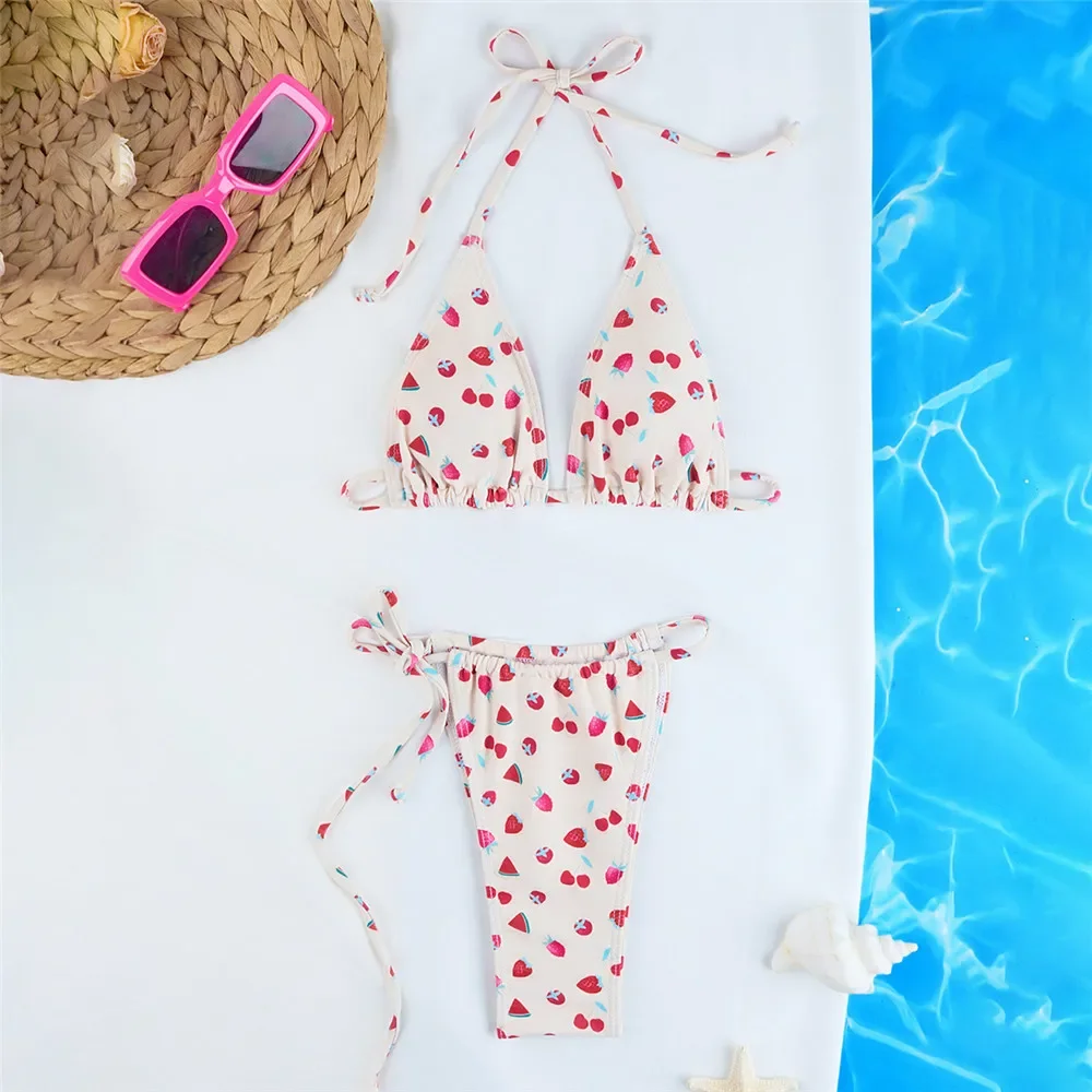Strawberry Print Swimwear String Halter Triangle Micro Bikini Thong Swimsuit Woman 2024 Bathing Suit Bikinis Set Bathing Suit