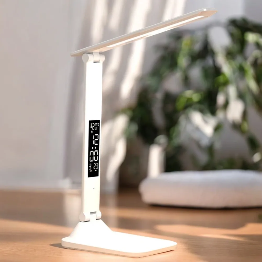 Convenient, Sleek Portable Foldable LED Table Lamp with Dimmable Versatile Alarm Clock, Thermometer, Night Light, USB Rechargeab