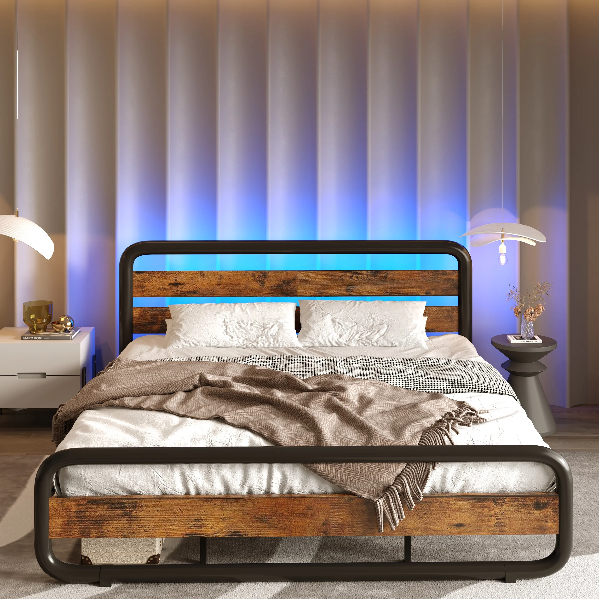 

King/Queen/Full Size Bed Frame with Wooden Headboard Heavy-Duty Metal Oval-Shaped Platform Bed Frame w/LED Lights, Rustic Brown