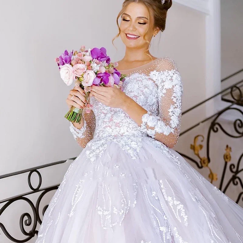 Flavinke Customized Luxury Exquisite Wedding Dresses Lace Princess Ball Gown Full Sleeve O-Neck Bride Button Vestido De Novia