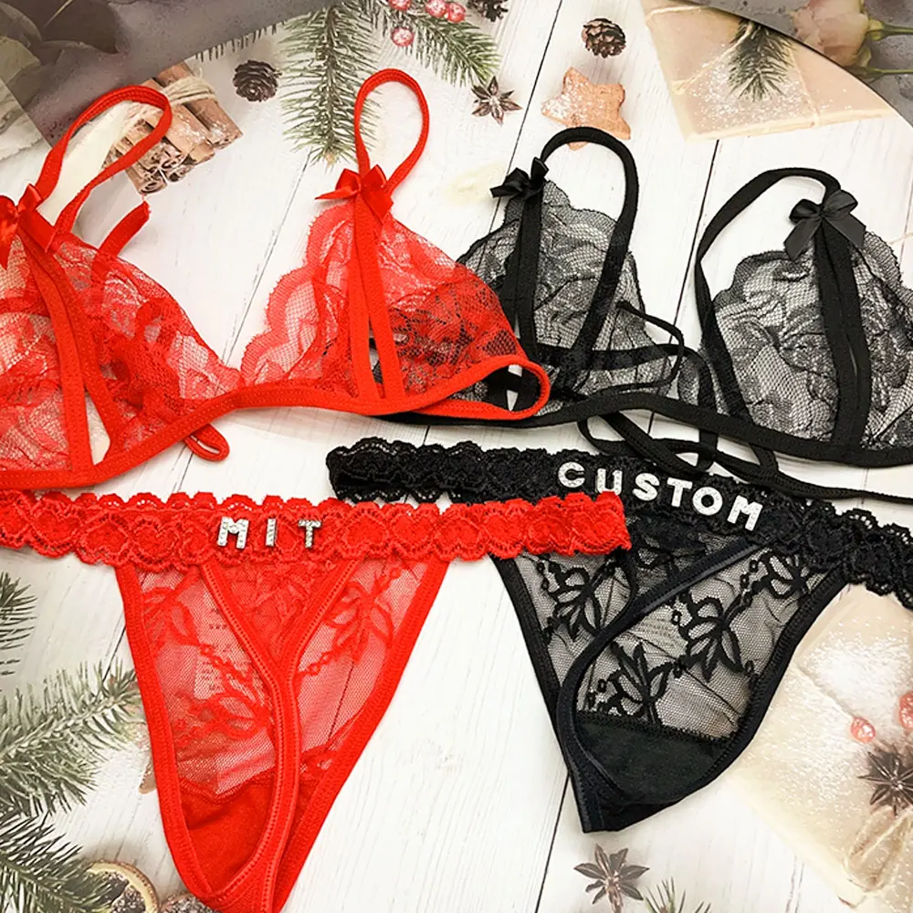 Benutzer definierte Dessous-Sets mit Namen Tangas Bikinis Frauen BHs setzt G-String mit Buchstaben Valentinstag Geschenk personal isierte Unterwäsche