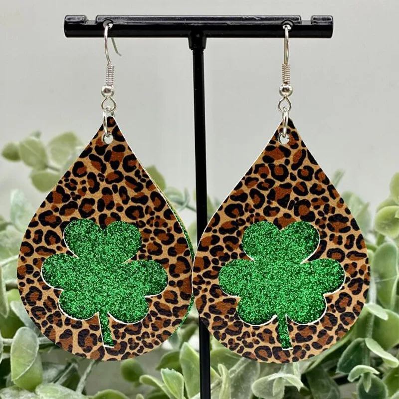 ST. PATRICKS DAY EARRINGS Shamrock Jewelry Three Leaf Clover Leather Glliter Accessories Women's Cheetah St. Pattys Earrings