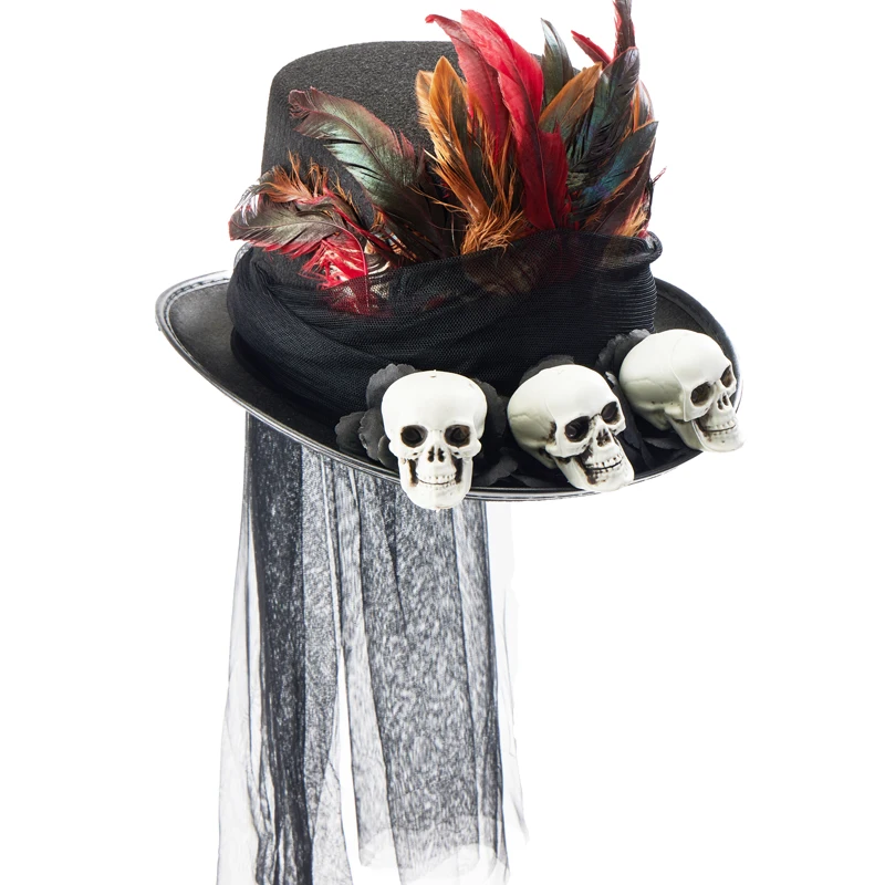 

Halloween Top Hat Steam Punk Skull Hats Retro Gothic Fedora With Feathers Veil Hat