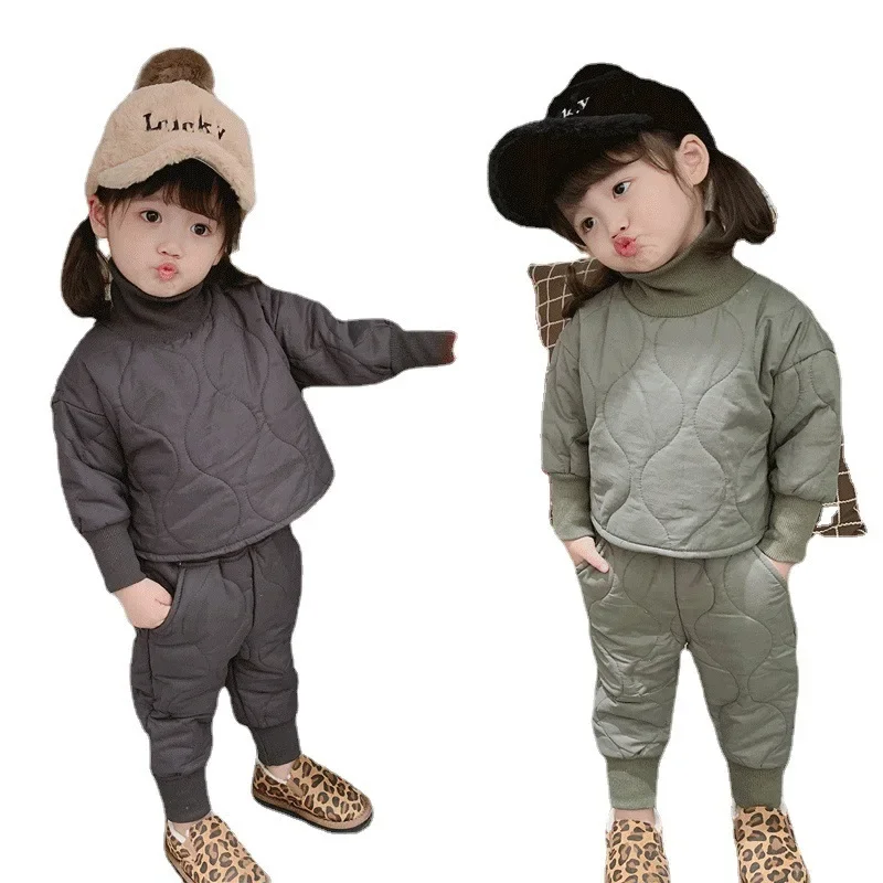 Fashion Children\'s Thick Set Winter Baby Girls Warm Turtleneck Coat +pant Sets Kid Gray Casual Suit 0-6 Years Boys Autumn Cotton