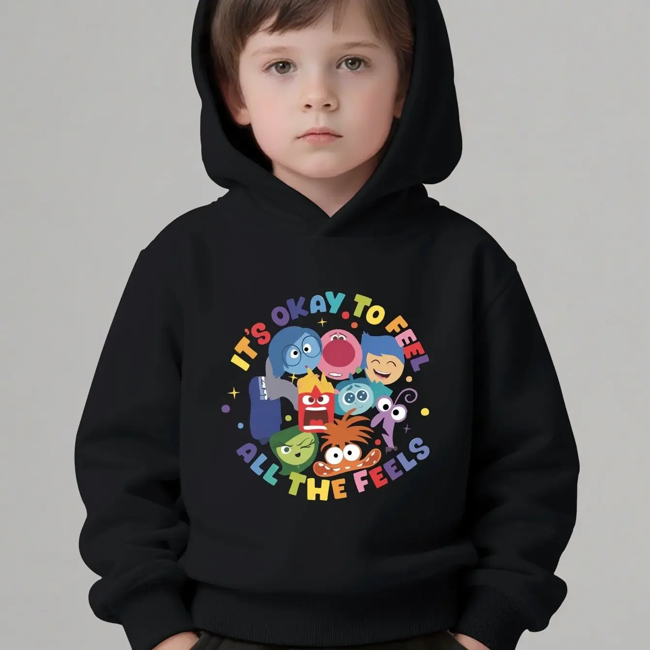

Kids' "It's Ok to Feel All the Feelings" Graphic Hoodie Disney Inside Out Long-sleeved Pullover Sweatshirt for Autumn and Winter
