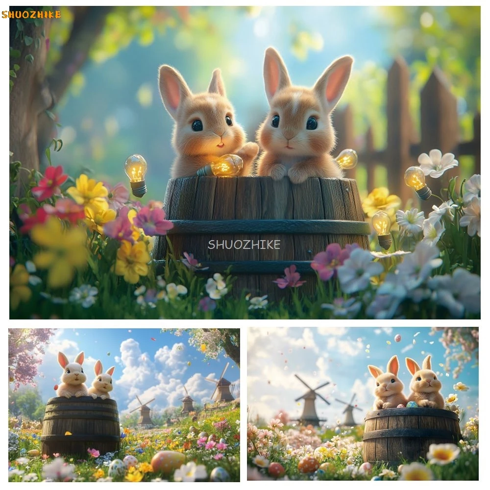 

Easter Wooden Vat Rabbit Backdrop Spring Nature Scenery Garden Flower Grass Baby Kid Portrait Photography Background Photostudio