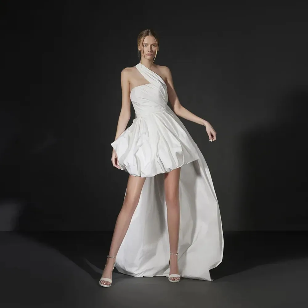 

Простое короткое атласное свадебное платье на одно плечо со складками, 2022, свадебное мини-платье с рюшами, Vestido de Noiva