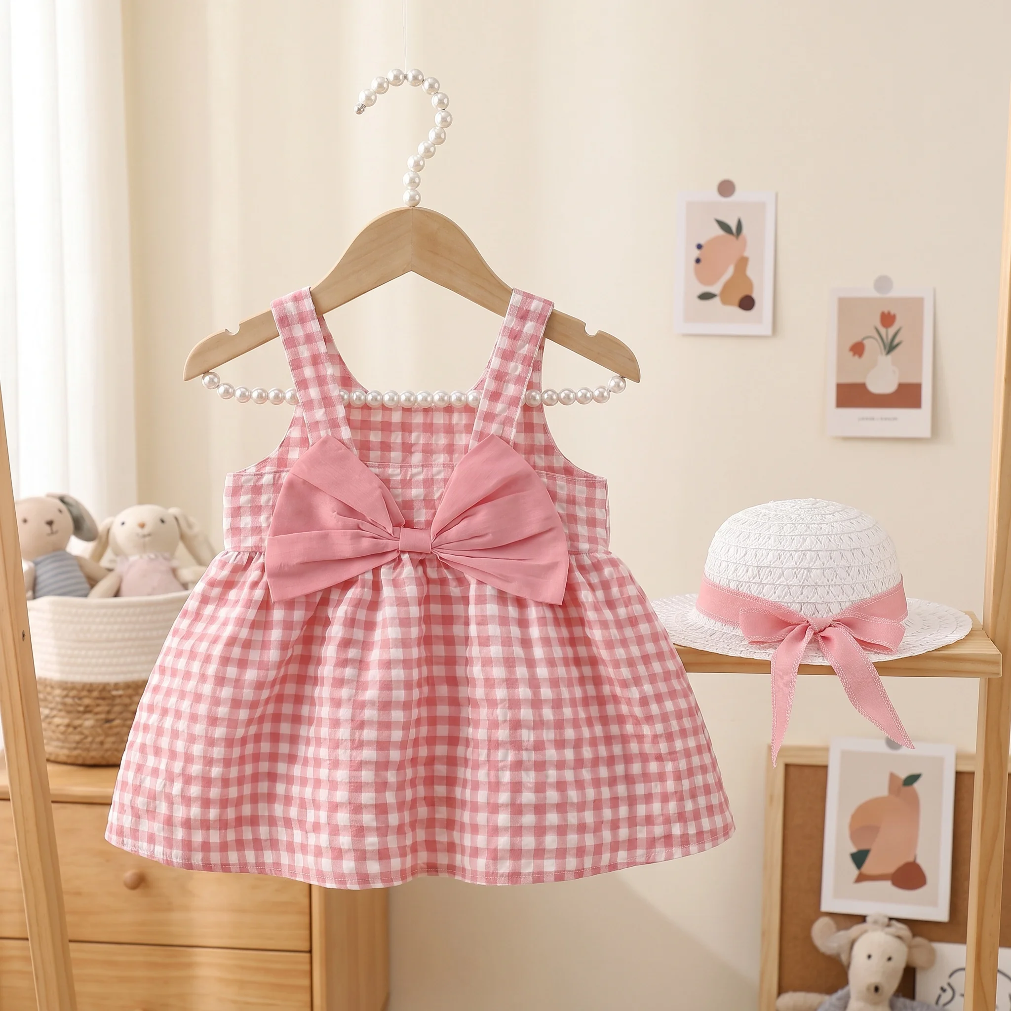 2Pcs/Set Baby Girl Plaid Sweet Bow Summer Birthday Party Dress Toddler Kids Outfits 0 To 3 Years Children Clothes Suit + Hat