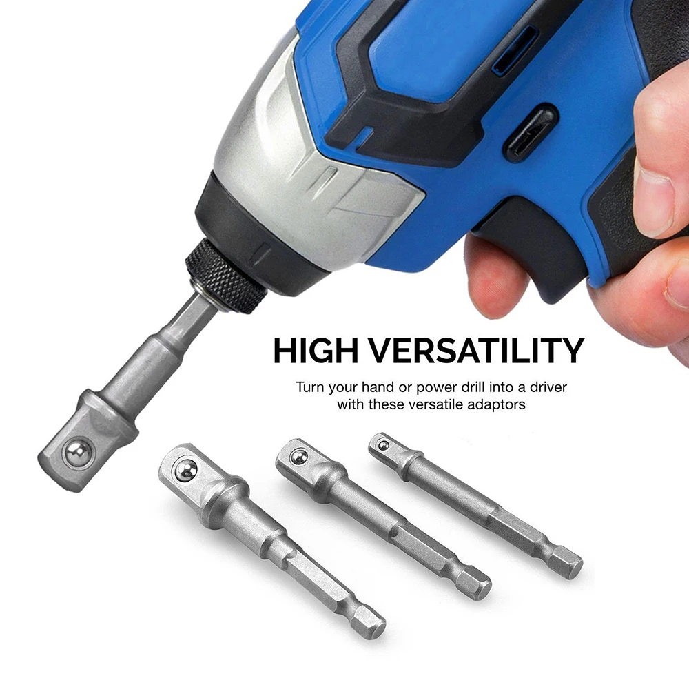 3pcs Impact Chrome Vanadium Steel Socket Adapter Shank 1/4" 3/8" 1/2" Extension Rod Drill Bits Hex Bit Set Power Tool Accessorie
