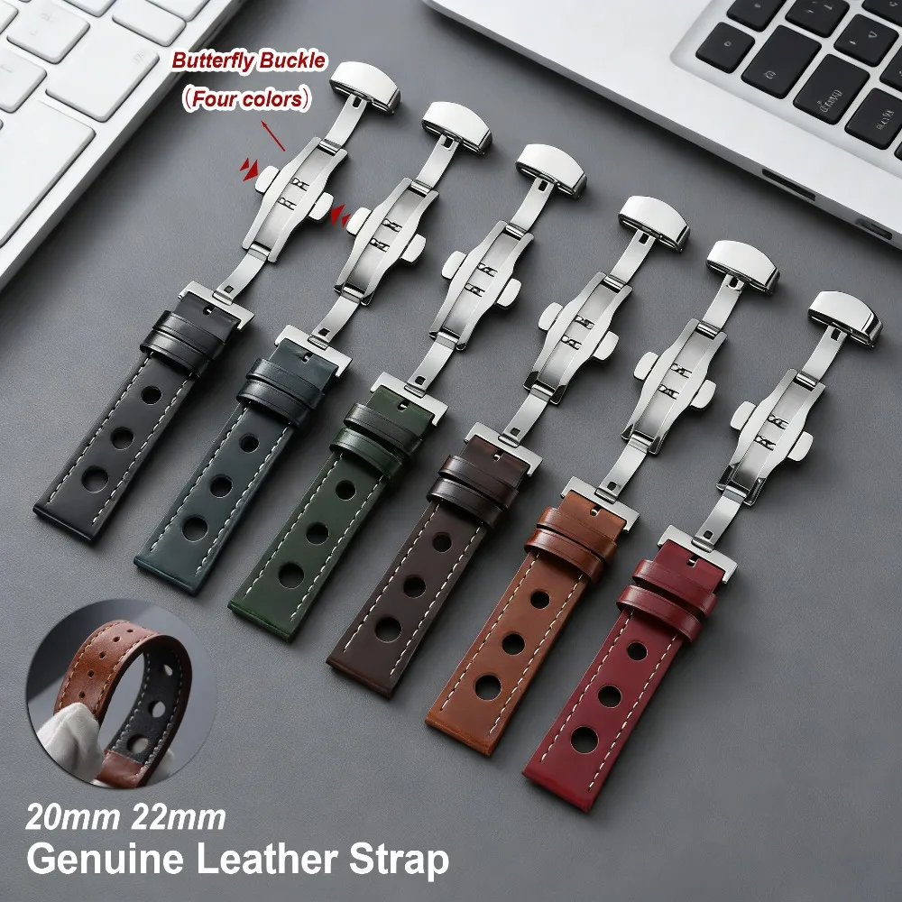 

20mm 22mm Oil Wax Cowhide Leather Watch Straps Vintage Brown Black WatchBand Butterfly Buckle Breathable Belt Men Women Bracelet