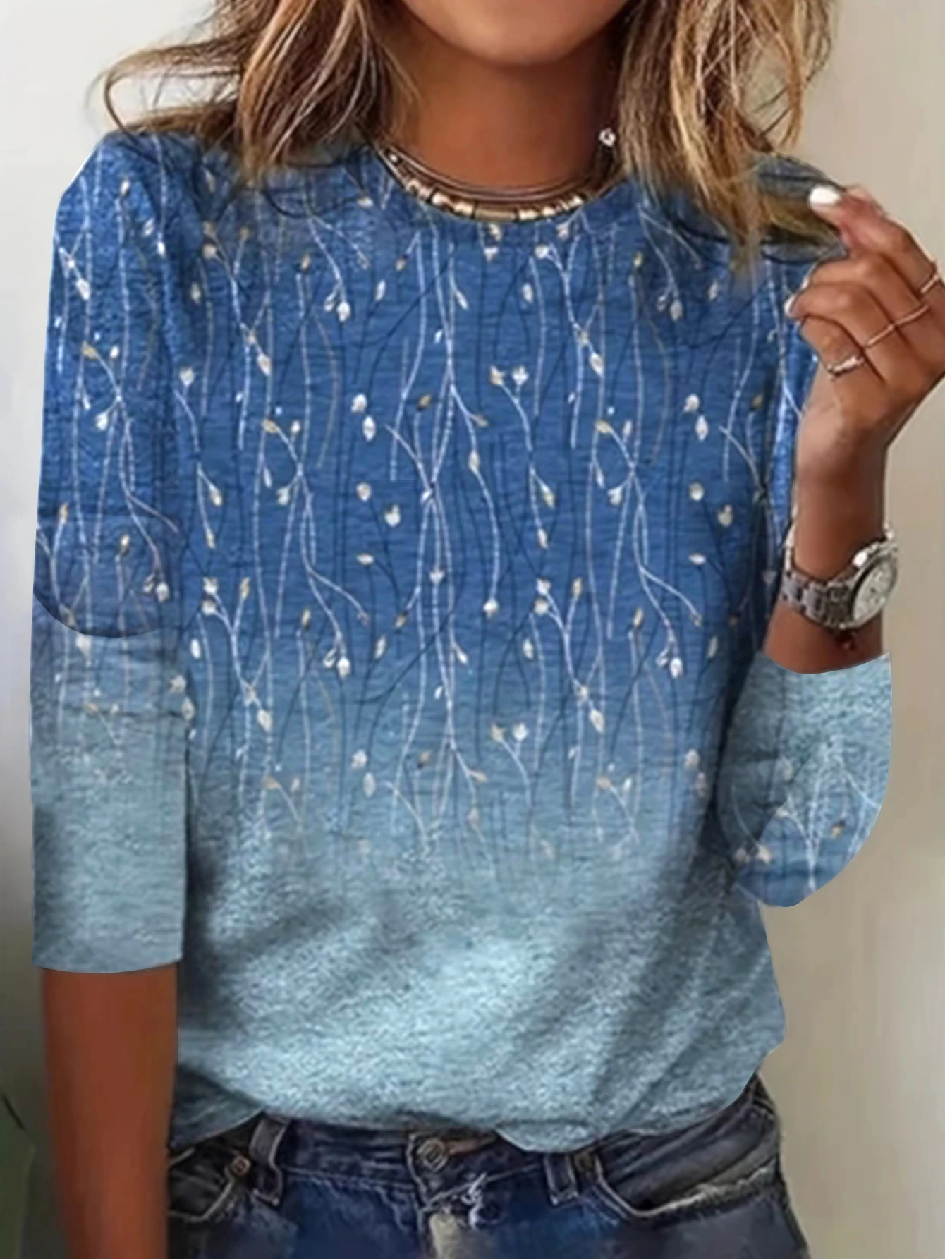 

Allover Print Crew Neck T-Shirt, Casual Long Sleeve T-Shirt For Spring & Fall, Women's Clothing