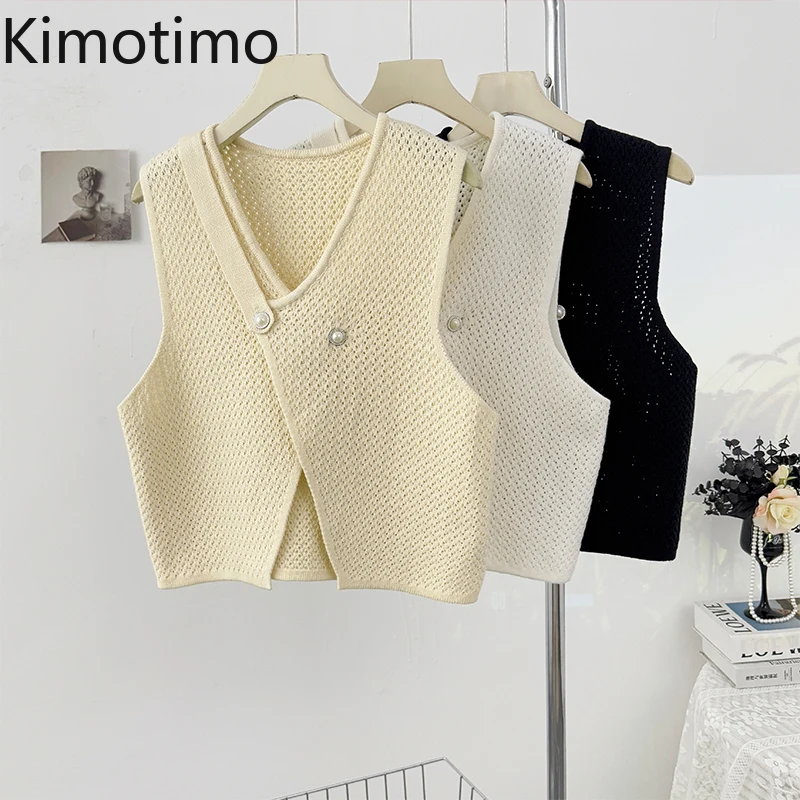 

Kimotimo вязаный жилет с v-образным вырезом для женщин, осень 202, короткий свитер без рукавов, кардиган, простые однотонные универсальные топы с разрезом