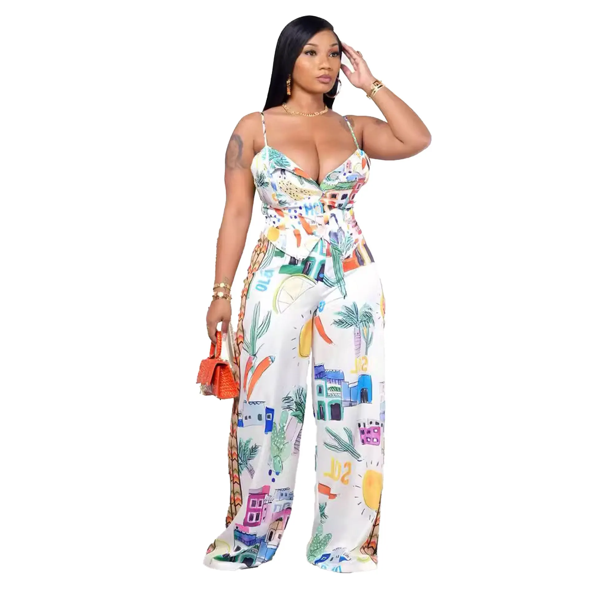 Fashion Print 2 Piece Set Women 2024 Summer Sexy  Adjustable Shoulder Strap Camis Tops High Waist Wide Leg Beach Vacation Outfit