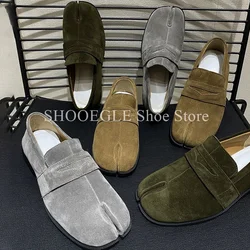 Split Toe Tabi Suede Leather Loafers Novel Designer Style Shoes Cattlehide Men Lazy Fashion Flat Shoes Male Formal Party Shoes