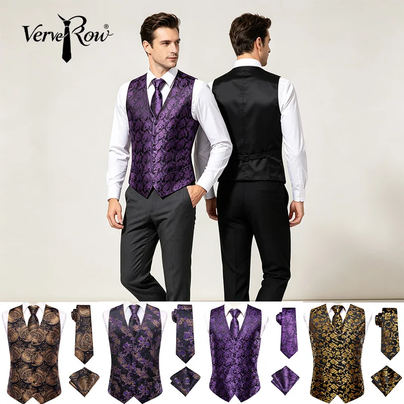 VerveRow Men Purple Paisley Waistcoat Vest Tie Pocket Square Set Wedding Formal Suit