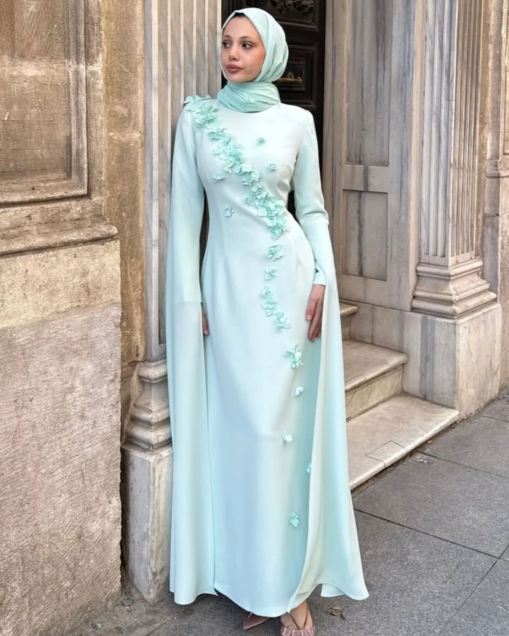 

Customized Modern Style Classic Jersey Handmade Flower Pleat Straight Scoop Neck Long Dresses Bespoke Occasion Dresses Elegant