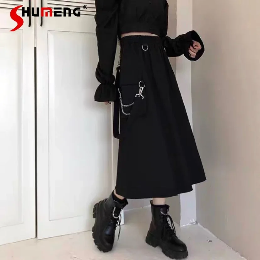 

Student Gothic Long Techwear Skirts Women Grunge Punk High Waist Chain Pocket Strap Black Cargo Skirts Goth Harajuku Streetwear