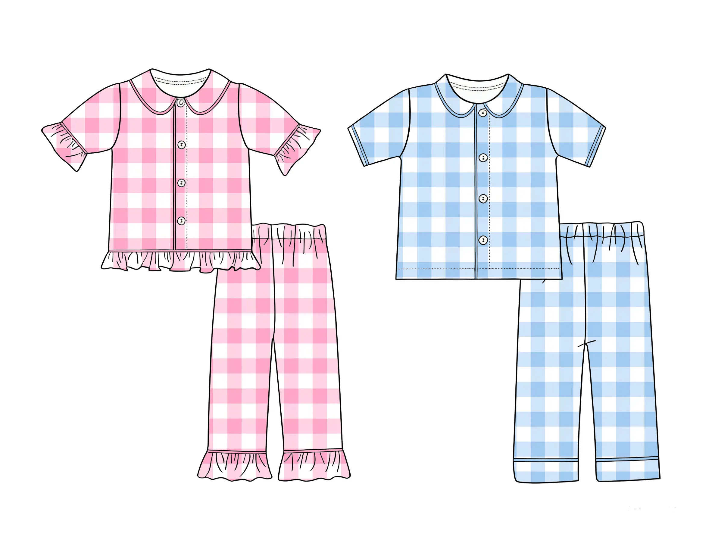 Boutique children's pajama sets boys and girls collared short-sleeve shirts trousers buttons Grid and polka dot prints wholesale