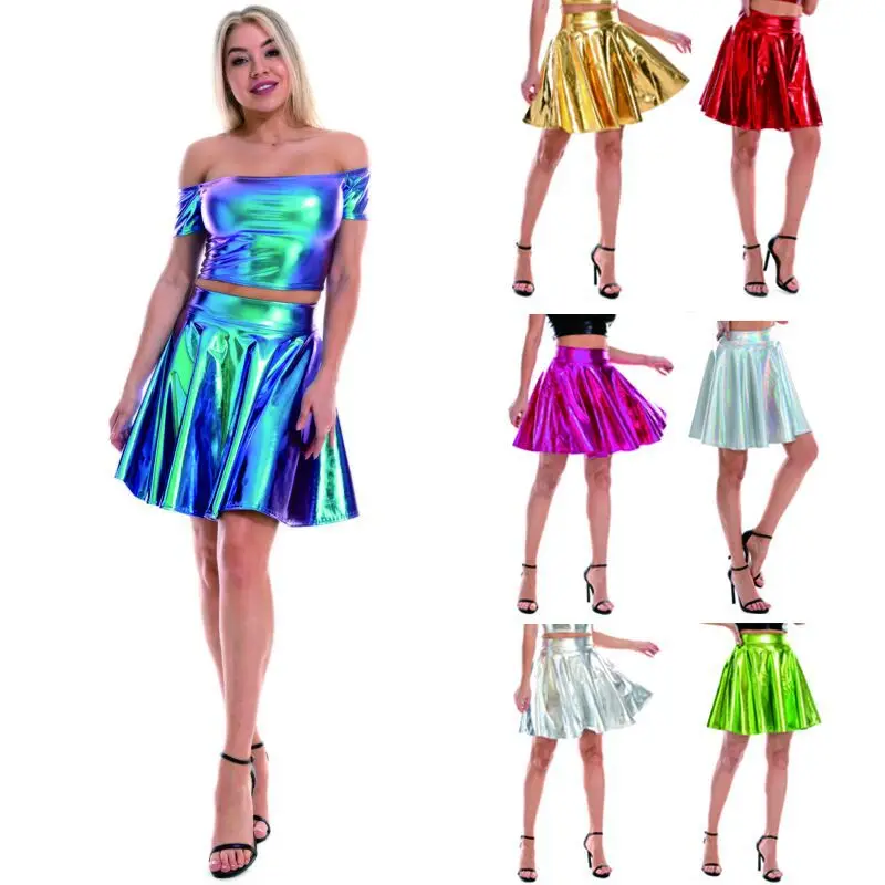 

Women's Skirts Laser High Waist Mini PU Leather Pleated Skirt Large Swing Fashion Versatile Night Club Sexy 2024 Summmer