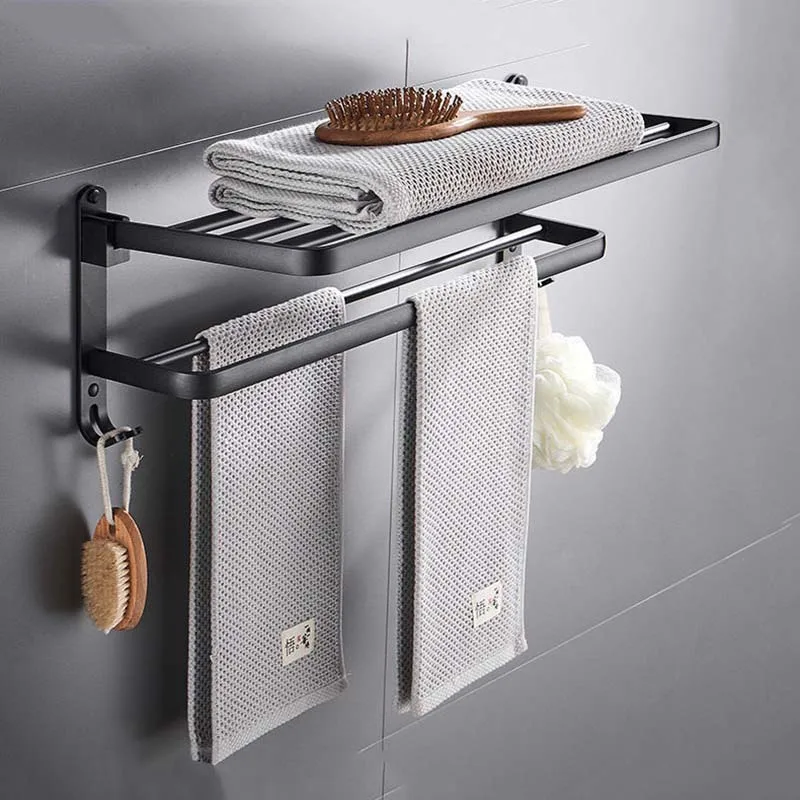 

Towel Rack Punch-Free Shower Holder Bathroom Accessories Folding Wall Organizer Hook Hanger Matte Black Aluminum Storage Shelf