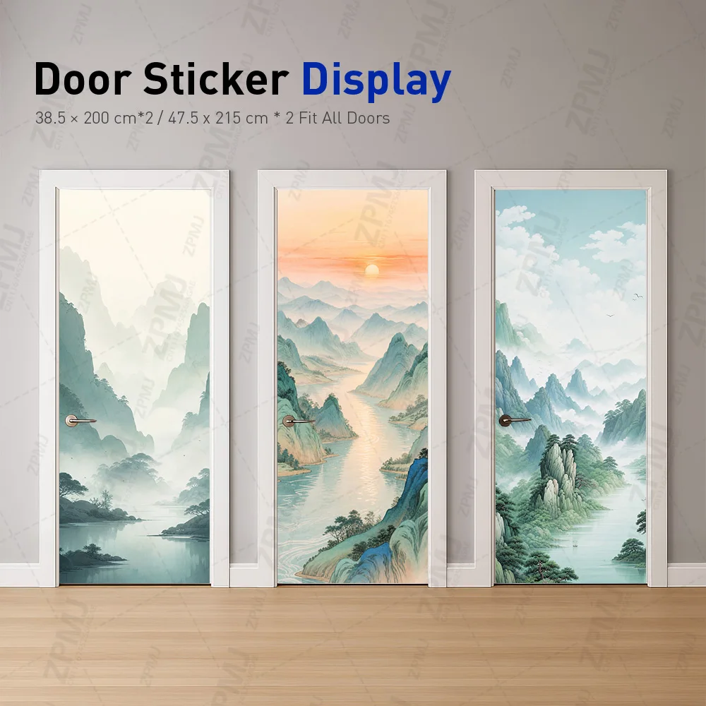 Self Adhesive Wall Door Decal Pink Sunrise River Misty Mountain Cherry Blossom Landscape Waterproof PVC for Living Room Bedroom