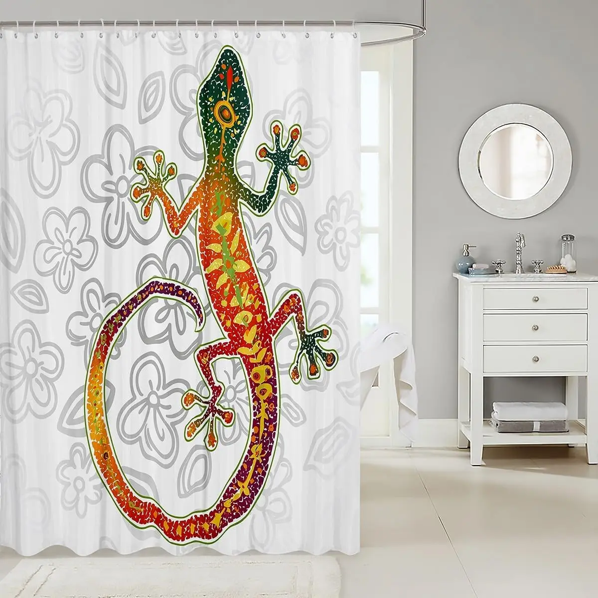 Colorful Mosaic Style Gecko Lizard With Floral Pattern Exotic Animal Print Decorative Shower Curtain