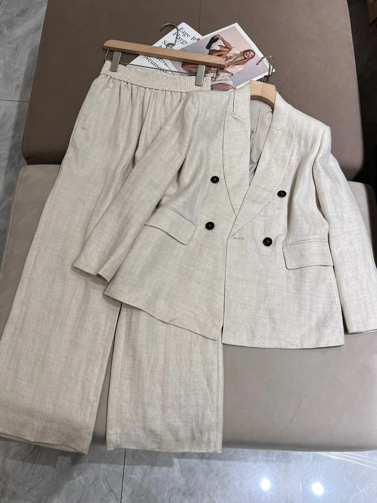 Spring Autumn B*C Women\'s Pants Suit Linen Blazer Jacket + Vest + High Waist Wide Leg Trousers 4 Piece Set Female Clothing