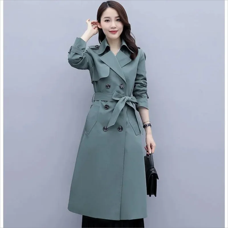 

British Style Mid-Length Windbreaker With Belt Spring Autumn New Women Casual Lapel Long Sleeve Female Trench Coat