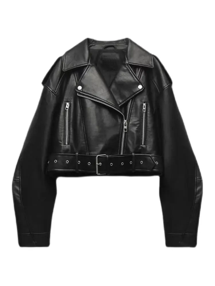 Women's Vintage Loose PU Faux Leather Short Jackets with Belt, Female Streetwear, Zipper, Retro Motor Biker Coats, Outwear Tops