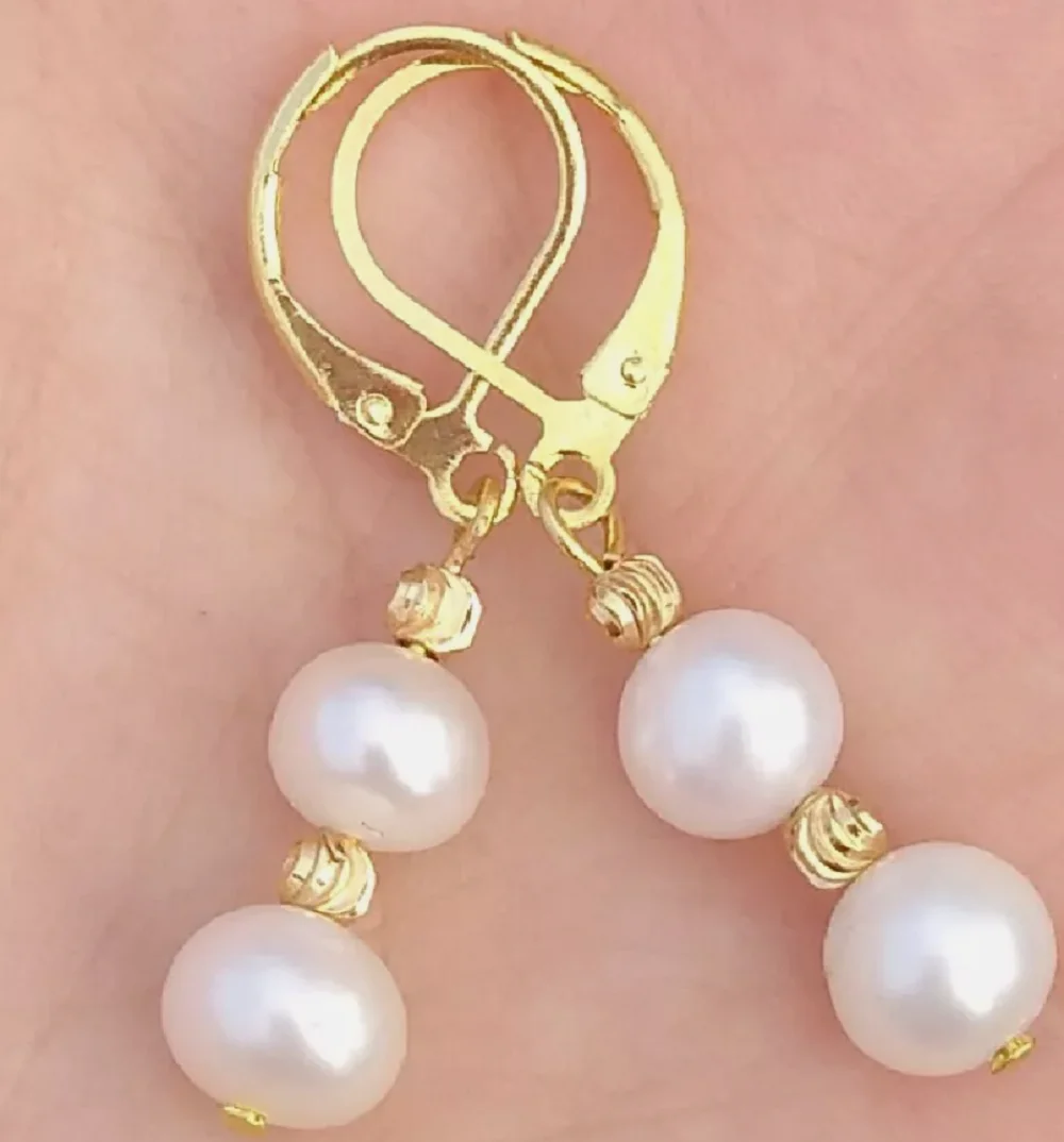 Beautiful Pearl Earrings AAA7-8mm South Sea White Pearl Earrings 14k Gold