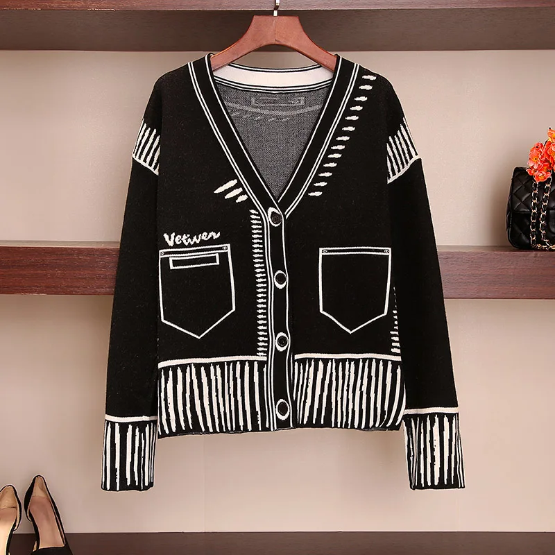 Print Graffiti Unique Cardigan Women Loose V-neck Long Sleeve Luxury Knitted Female Cardigans Coat Y2k 2023 Winter Sweater