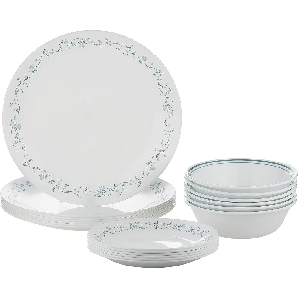 

18-Piece Vitrelle Glass Country Cottage Chip and Break Resistant Dinner Set Plate Green/Blue Ceramic Dishes to Eat Service for 6