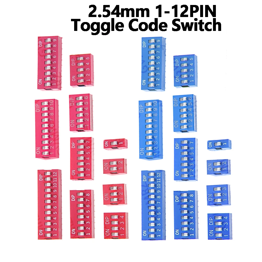 10PCS 2.54mm 1-12PIN 1 2 3 4 5 6 PIN DIP Switch Red Blue PCB Mounted Toggle Code Switch ON OFF Selector for Circuit Board 10 12