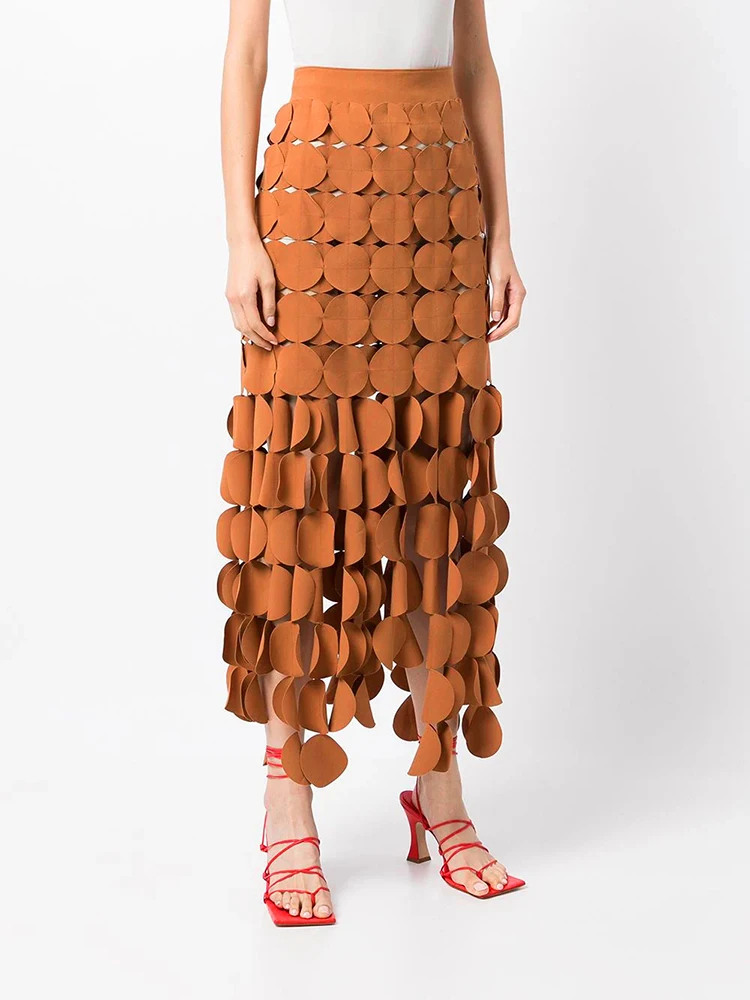 

Ele Pure Color High Waist Asymmetrical Fringe Embroidered Hollow out round f Skirt Korean Sle Commute A-Line Dr